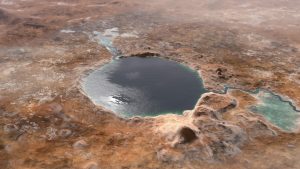 On February 18, 2021, NASA’s Perseverance rover landed in Jezero Crater on Mars. The team identified Jezero Crater as an ancient lakebed, illustrated here—as it may have been billions of years ago—filled with water.